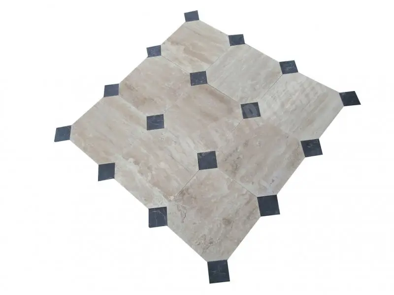 Travertin Beige Hexagone 40x40 cm + Marbre Noir Cabochon 10x10 cm 